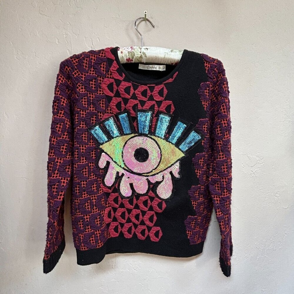 Denimland Women Crewneck Eye Sequin Embroidered Knit Sweater Large Top Red Black